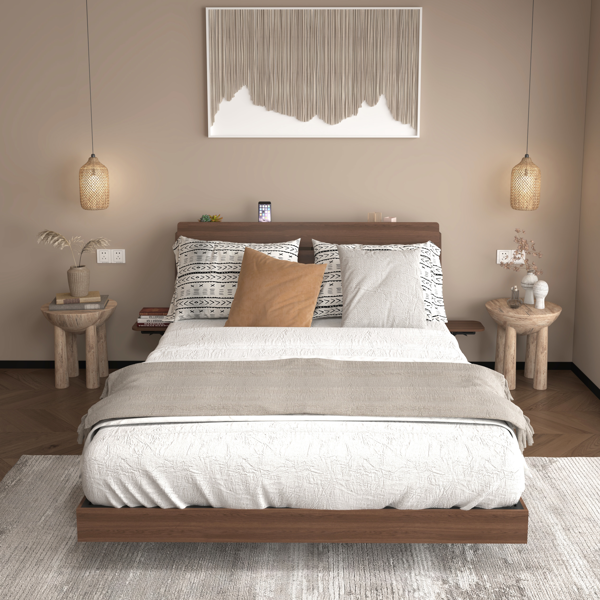 带LED灯和充电站的悬浮式床架（皇后尺寸），胡桃木材质，带储物床头板，无需弹簧床垫，易于组装。-5