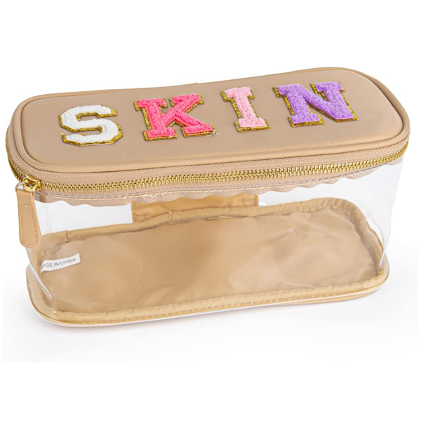 便携式雪尼尔字母透明学院风化妆拉链包 防水可折叠收纳袋 旅行储物手提包 适合度假旅行、浴室用-卡其色-1