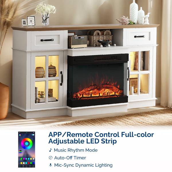 58寸黑金橡木色二门二抽一搁架方格玻璃壁炉柜 147.4*45*80cm & 25in壁炉芯-7