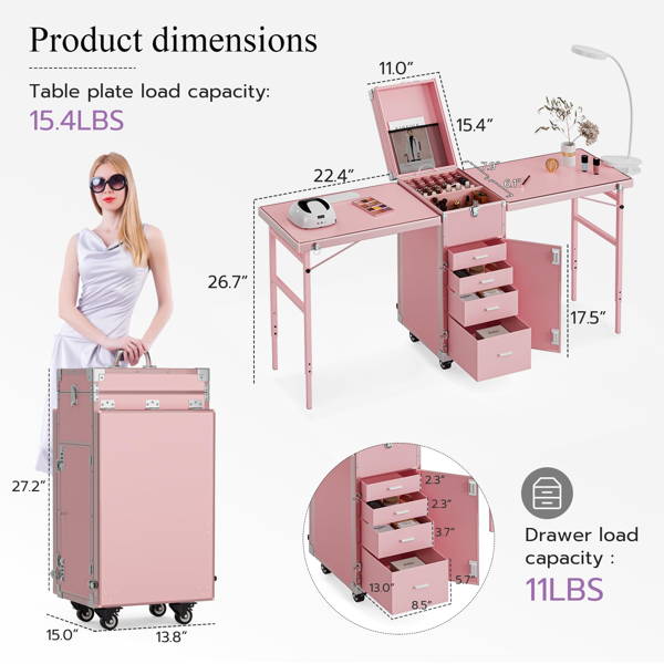 便携式美甲桌，带轮折叠美甲推车，美甲教学化妆箱，双层桌面化妆品推车箱，粉色款-3