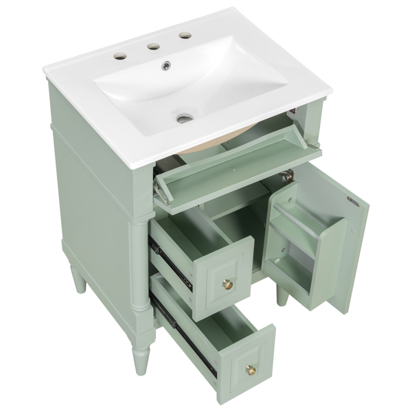 24英寸浴室柜，带水槽，绿色独立式浴室柜，带翻盖抽屉、可调节搁板、实心橡胶木框架、中密度纤维板和金属把手-9