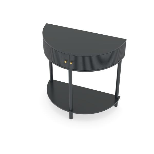 匠心打造的波浪纹半月形控制台桌，深灰色饰面，独特的半月形设计边桌，带2个储物抽屉和底部搁板，适用于客厅、卧室、书房、走廊。-9