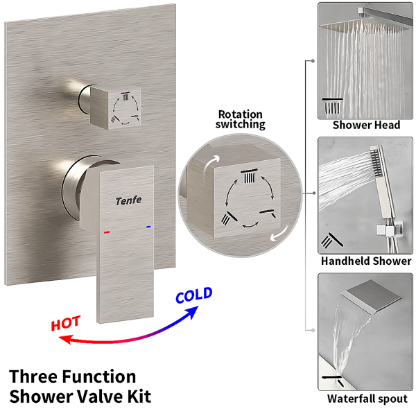 公头NPT拉丝镍淋浴系统，12英寸淋浴装置，带手持淋浴喷头的雨喷头，浴室壁挂式淋浴水龙头套件（包括压力平衡淋浴阀套件）【周末不发货，TK/TEMU订单仅支持自提】-2