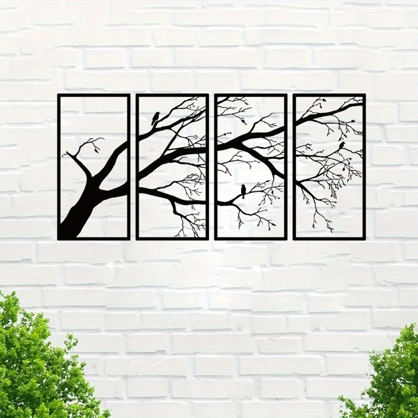 CIFbuy™ 铁艺枯枝飞鸟四联装饰画，极简风墙面挂饰，自然主题家居软装（在 TikTok、temu 下可自提）-5