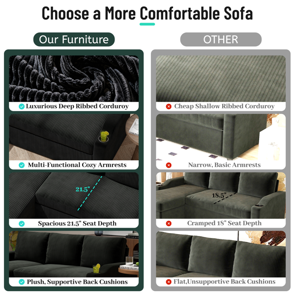 可转换灯芯绒L型储物沙发床，带杯架扶手，现代风格客厅折叠沙发-7