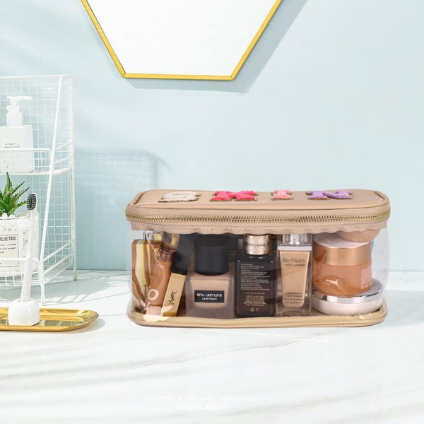 便携式雪尼尔字母透明学院风化妆拉链包 防水可折叠收纳袋 旅行储物手提包 适合度假旅行、浴室用-卡其色-4