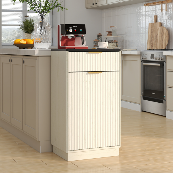 10加仑木纹倾斜式垃圾桶柜，带波浪纹理隐藏式抽屉拉出式垃圾桶，多功能厨房/浴室收纳柜，仿古白色饰面-7