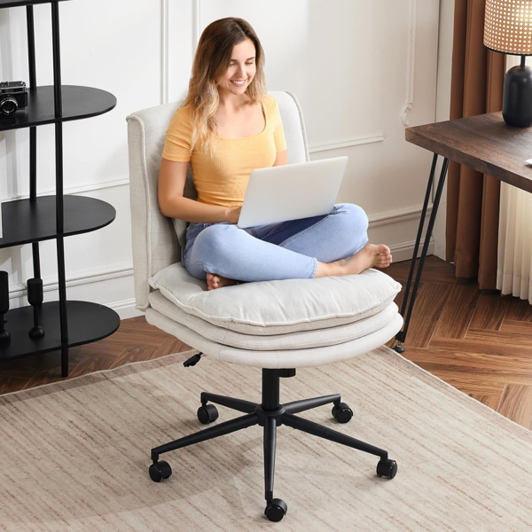 椅子 盘腿椅 棉麻 带轮子 米白-6