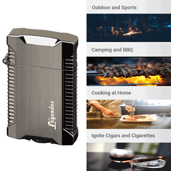 LEGENDEX®野餐者* 枪黑双直冲打火机用于雪茄香烟厨房户外可重复充气可调节火焰高度便携式-5