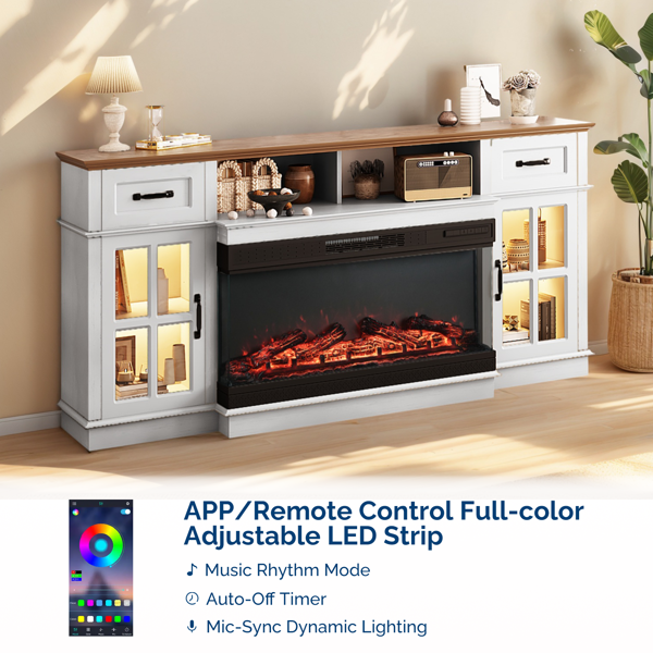 棕色顶+水洗白柜体 178*34.6*82.4cm 密度板 二门二抽一搁架 带RGB & 36in壁炉芯 壁炉电视柜-6