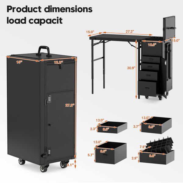 带轮移动美甲台，便携式美甲桌，折叠美甲桌配指甲油托盘及收纳空间，旅行美甲箱配可拆卸可调高工作台-3