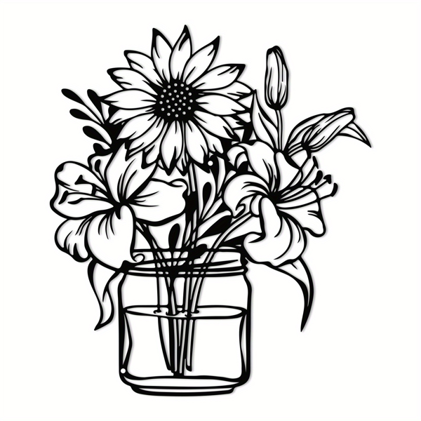 CIFbuy™ 铁艺向日葵百合花瓶装饰画，田园风墙面挂饰，花卉主题家居软装（在 TikTok、temu 下可自提）-1