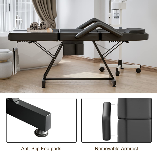 专业纹身床椅按摩床，带储物袋和毛巾挂钩，适用于美容师，可调节靠背及脚踏，三段式，黑色-5