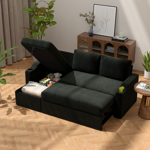 可转换灯芯绒L型储物沙发床，带杯架扶手，现代风格客厅折叠沙发-2