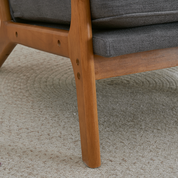 椅子 沙发 胡桃色橡木扶手 软包 深灰色 麻布 单人休闲椅-6