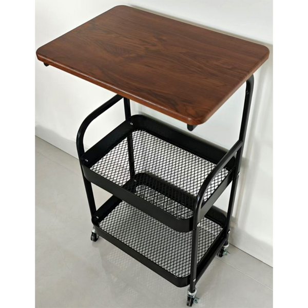 小推车置物架 黑色铁架+深木纹桌板 带轮-10
