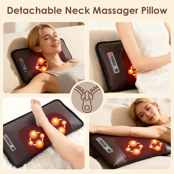 （自提可发加拿大，temu&tk下自提单）全身加热按摩垫，配备12个按摩头与9种振动模式，可拆卸指压式颈部及足部按摩器，缓解背部/腿部疼痛--棕色皮款-6