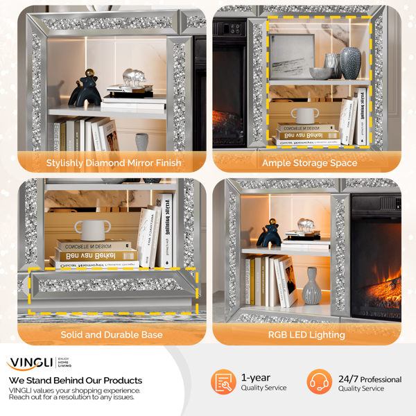 银色 镜面 143*35*62 中纤板 层架不带抽壁炉电视柜  & 18in壁炉芯-8