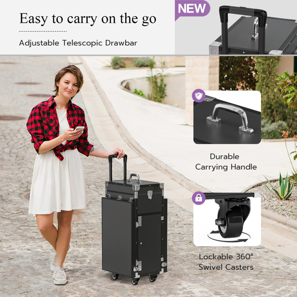 带轮移动美甲台，便携式美甲桌，折叠美甲桌配指甲油托盘及收纳空间，旅行美甲箱配可拆卸可调高工作台-8