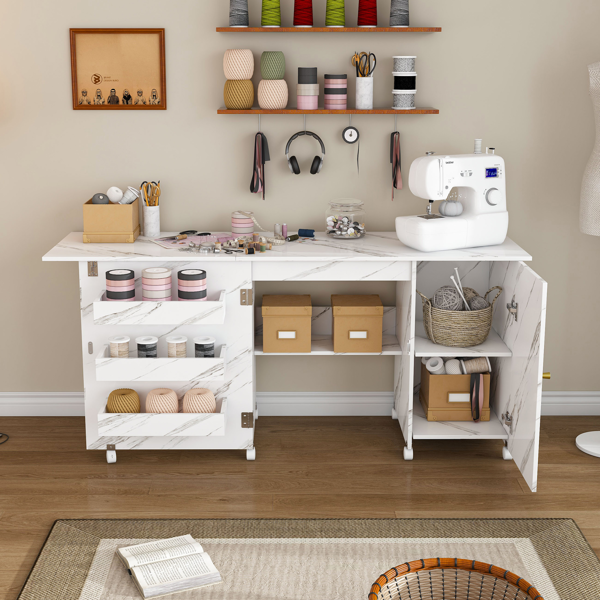 57.5英寸可折叠缝纫机桌，带锁定脚轮，多功能储物工艺工作台，带搁板、收纳箱和柜子，可调节缝纫柜，适用于家庭、卧室和工艺室（白色）-13