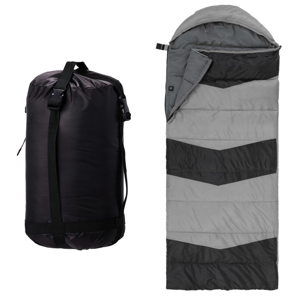 灰底黑色箭头 睡袋 涤丝布防水面布 春亚纺透气灰里布 中空棉 210*85cm 戴帽加热款 1500g 三档调温 带收纳袋 温度范围-10-10℃-1