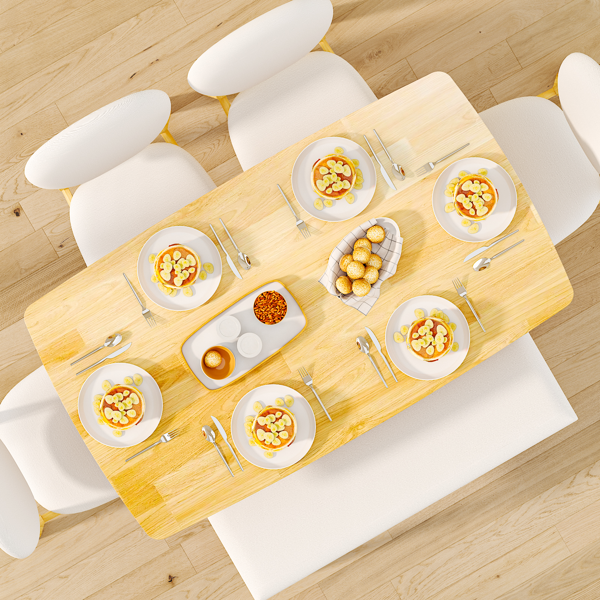 1桌4椅1凳 拆装 橡胶木+软包 原木色 餐桌椅套装 米色坐垫 长方形-22