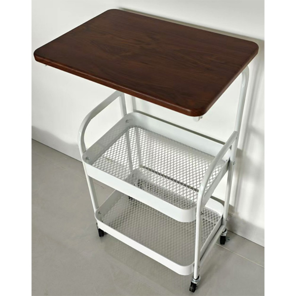 小推车置物架 白色铁架+深木纹桌板 带轮-10