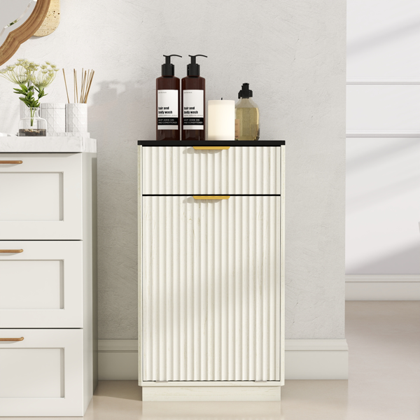 10加仑木纹倾斜式垃圾桶柜，带波浪纹理隐藏式抽屉拉出式垃圾桶，多功能厨房/浴室收纳柜，仿古白色饰面-10