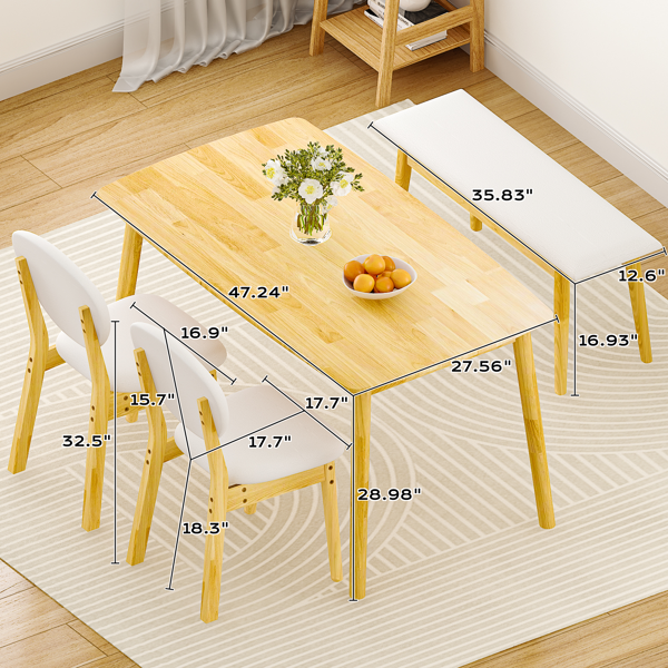 1桌2椅1凳 拆装 橡胶木+软包 原木色 餐桌椅套装 米色坐垫 长方形-21