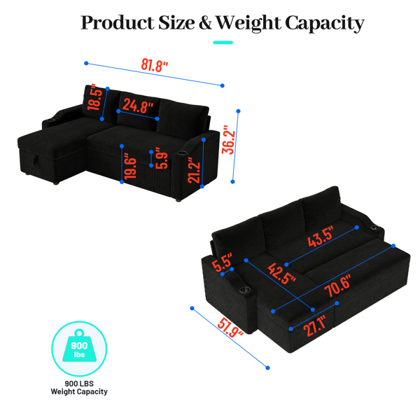 可转换灯芯绒L型储物沙发床，带杯架扶手，现代风格客厅折叠沙发-4