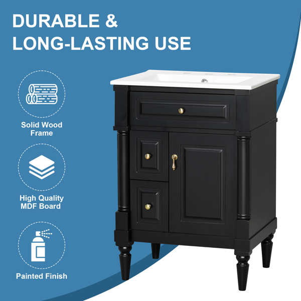 24英寸浴室柜，带水槽，黑色独立式浴室柜，带翻盖抽屉、可调节搁板、实心橡胶木框架、中密度纤维板和金属把手-14