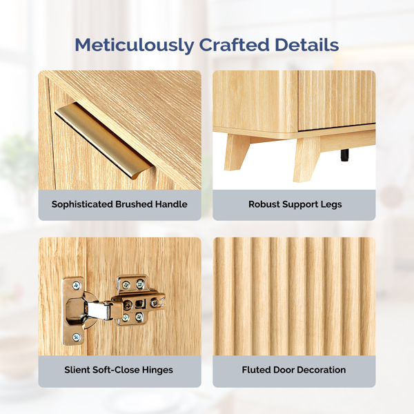 橡木色柜体 金色拉手 147.32*34.5*64.5cm 浮雕密度板贴三胺 双格栅门 壁炉电视柜 & 18in壁炉芯-6