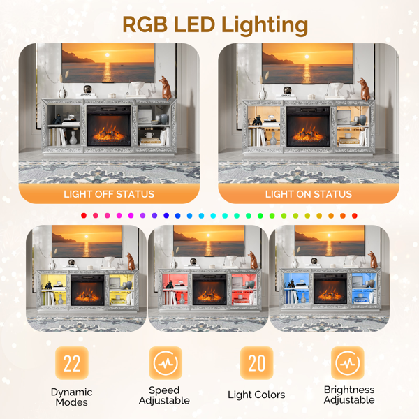 银色 镜面 143*35*62 中纤板 层架不带抽壁炉电视柜  & 18in壁炉芯-6