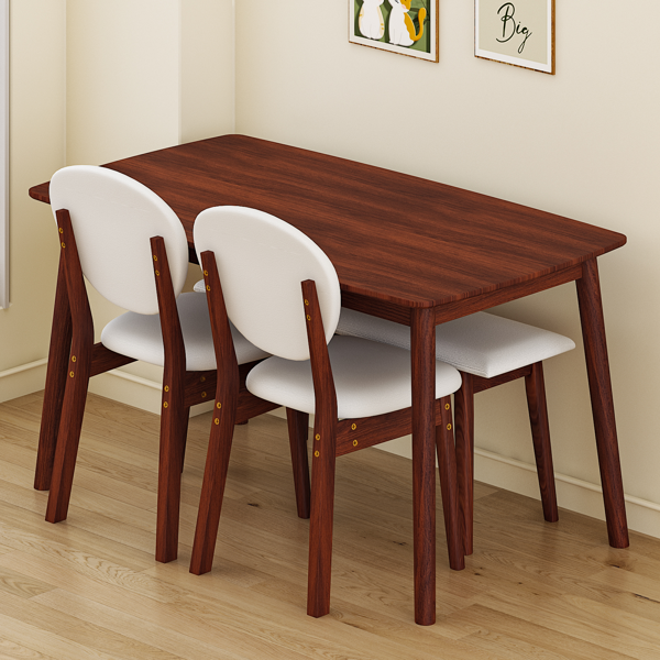 1桌2椅1凳 拆装 橡胶木+软包 深胡桃色 餐桌椅套装 米色坐垫 长方形-11