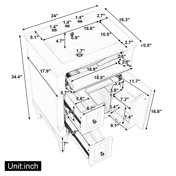 24英寸浴室柜，带水槽，灰蓝色独立式浴室柜，带翻盖抽屉、可调节搁板、实心橡胶木框架、中密度纤维板和金属把手-6