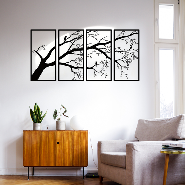 CIFbuy™ 铁艺枯枝飞鸟四联装饰画，极简风墙面挂饰，自然主题家居软装（在 TikTok、temu 下可自提）-6