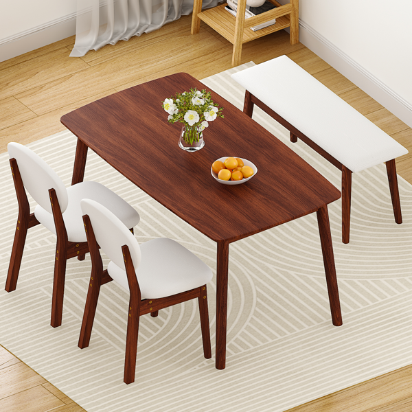 1桌2椅1凳 拆装 橡胶木+软包 深胡桃色 餐桌椅套装 米色坐垫 长方形-18