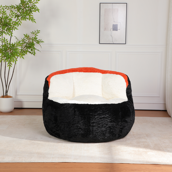 超大豆袋椅、填充海绵丝的多色人造毛皮沙发、客厅大沙发、无需组装、黑色+白色+橙色-1