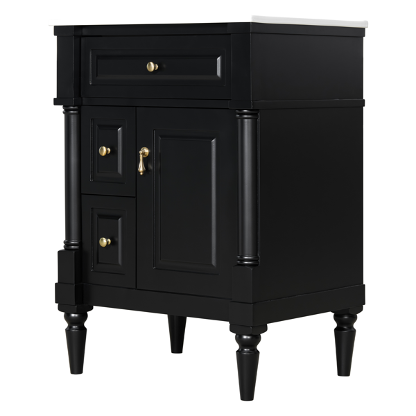 24英寸浴室柜，带水槽，黑色独立式浴室柜，带翻盖抽屉、可调节搁板、实心橡胶木框架、中密度纤维板和金属把手-16