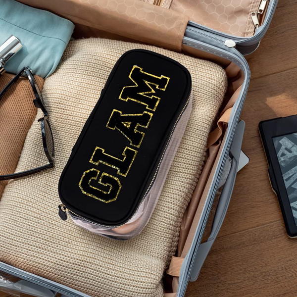 便携式雪尼尔字母透明学院风化妆拉链包 防水可折叠收纳袋 旅行储物手提包 适合度假旅行、浴室用-黑色-5