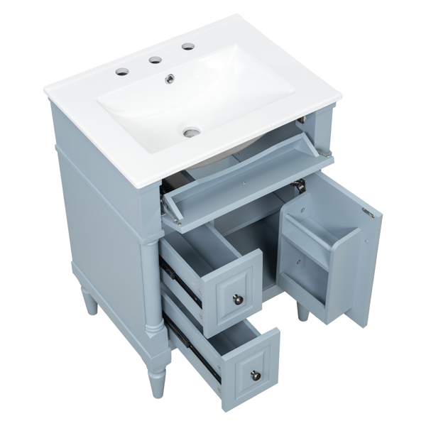 24英寸浴室柜，带水槽，灰蓝色独立式浴室柜，带翻盖抽屉、可调节搁板、实心橡胶木框架、中密度纤维板和金属把手-10