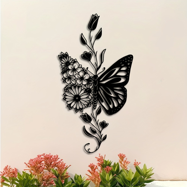 CIFbuy™ 铁艺蝴蝶花卉剪影装饰画，田园风墙面挂饰，自然主题家居软装（在 TikTok、temu 下可自提）-1