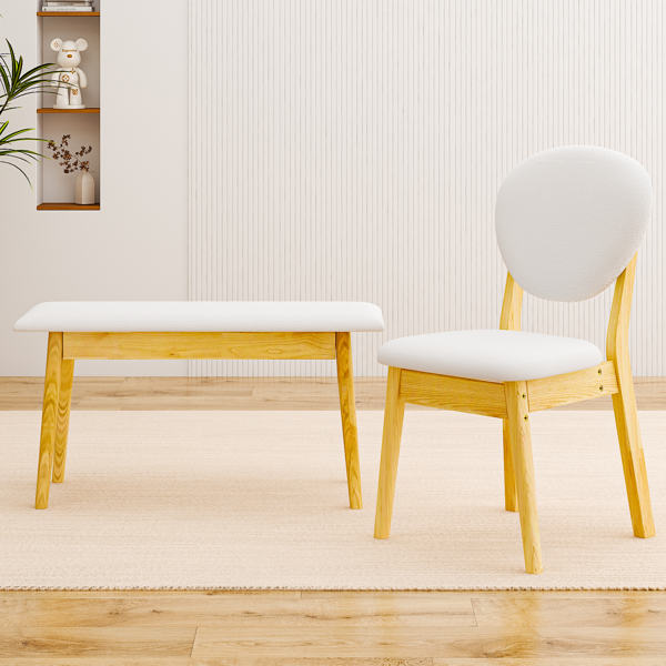 1桌2椅1凳 拆装 橡胶木+软包 原木色 餐桌椅套装 米色坐垫 长方形-22