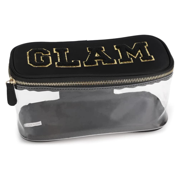 便携式雪尼尔字母透明学院风化妆拉链包 防水可折叠收纳袋 旅行储物手提包 适合度假旅行、浴室用-黑色-1