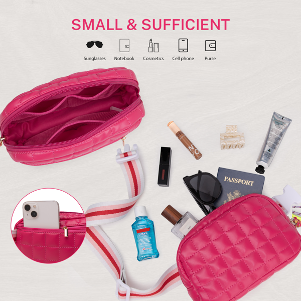 绗缝腰包女士小号蓬松腰包，适合跑步、旅行、徒步健身运动，带可调节肩带-玫红色-4