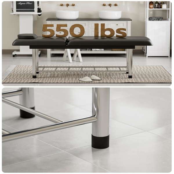 专业固定式按摩床，550磅重型宽幅治疗检查床，靠背可调，可拆卸头枕，底部储物架及毛巾挂钩，黑色-5