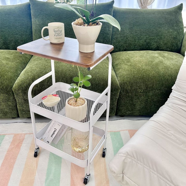 小推车置物架 白色铁架+浅木纹桌板 带轮-1