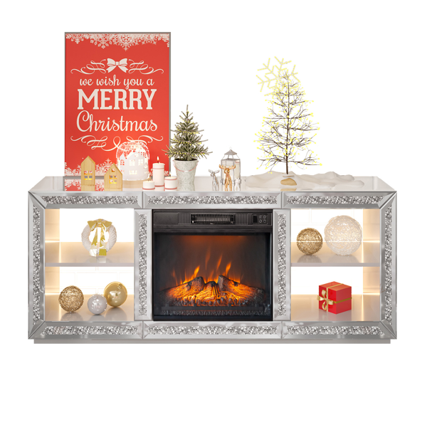 银色 镜面 143*35*62 中纤板 层架不带抽壁炉电视柜  & 18in壁炉芯-5