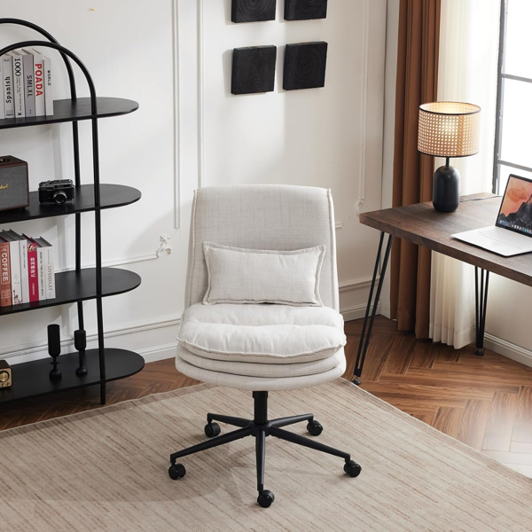 椅子 盘腿椅 棉麻 带轮子 米白-1