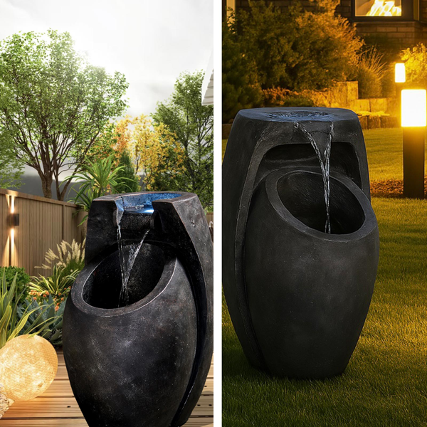 后院喷泉- 21.5“高地板站立喷泉，室内/室外现代双层瀑布，用于花园，庭院或庭院-7